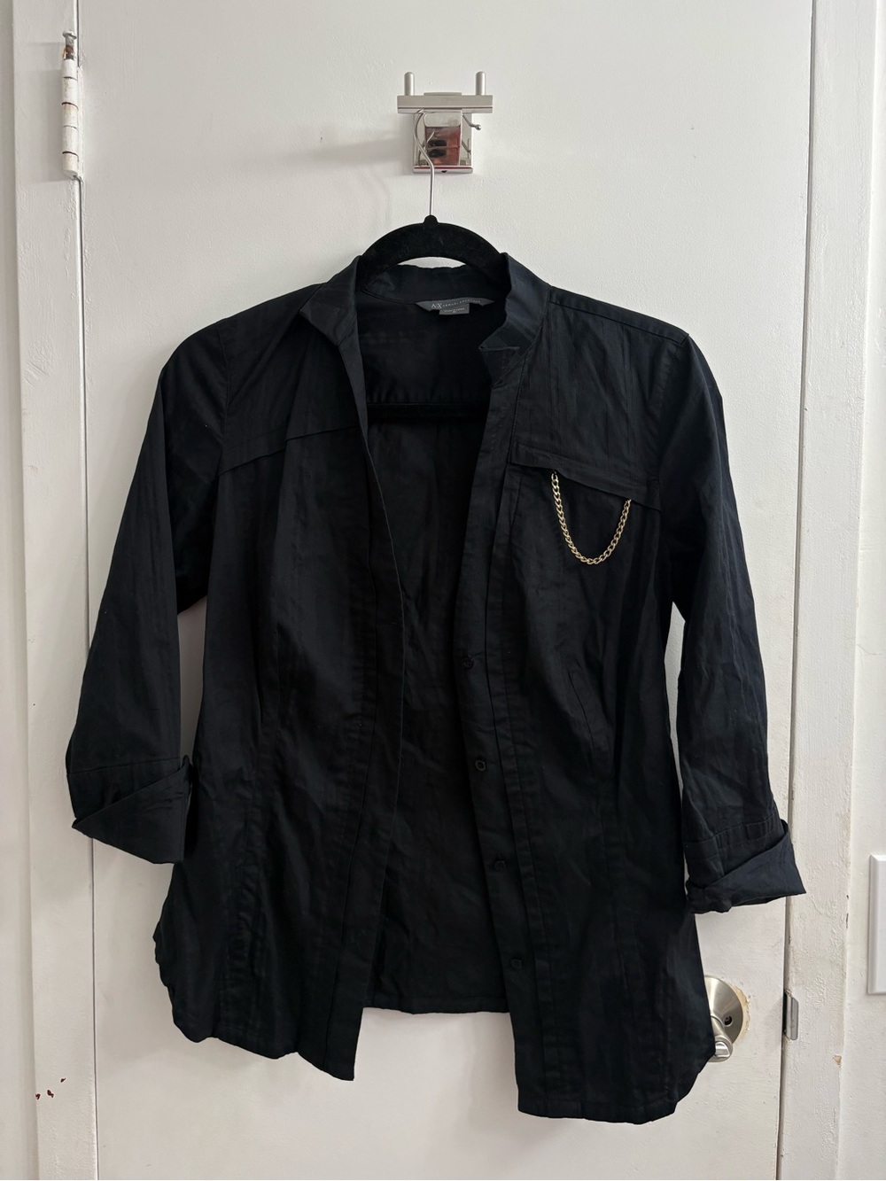 A/X Armani Exchange Black Button-Up Shirt with Gold Chain Detail